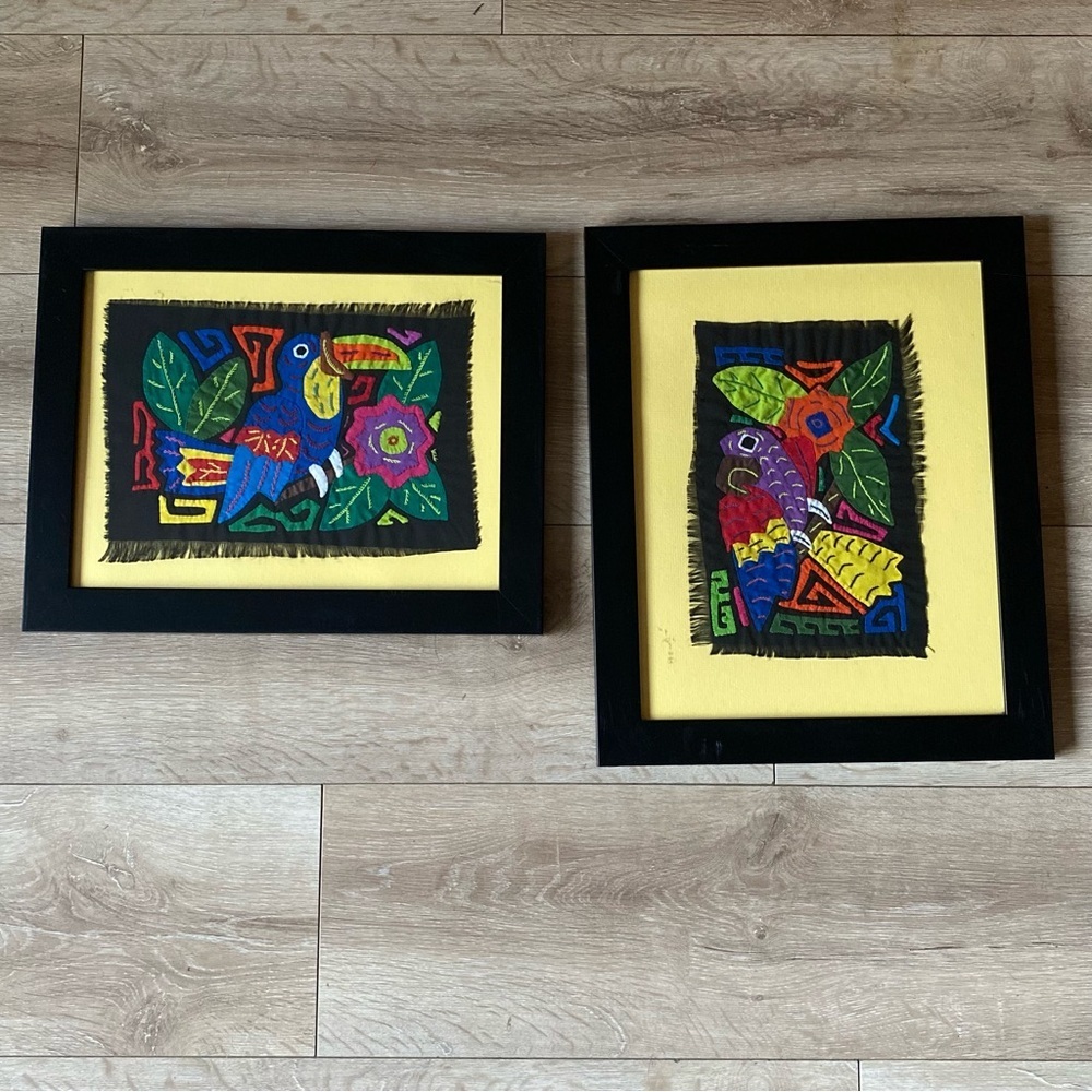 Vintage Mola Molita Kuna Framed Textile Fiber Art South American parrot folk art